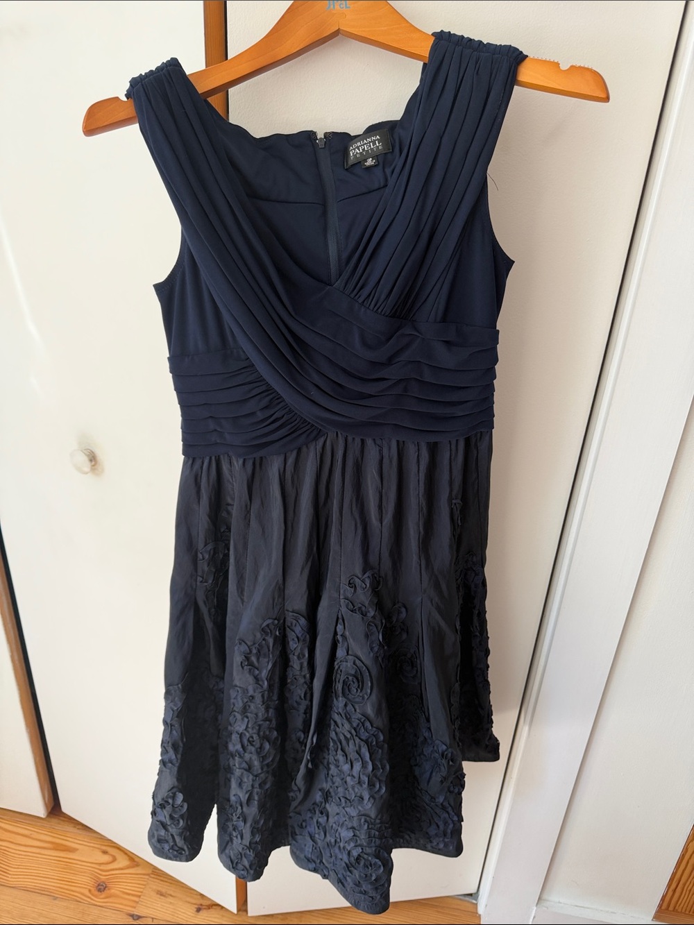 Adrianna Papell Navy Pleated Overlay Midi Dress